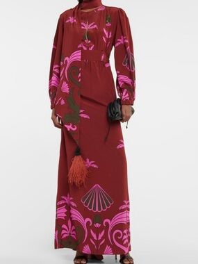 Johanna Ortiz Burgundy Maxi Dress with Pink and Olive Floral Print